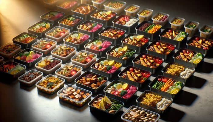 Diverse meal prep containers featuring protein-rich foods like chicken, tofu, quinoa, and lentils on a modern kitchen counter.
