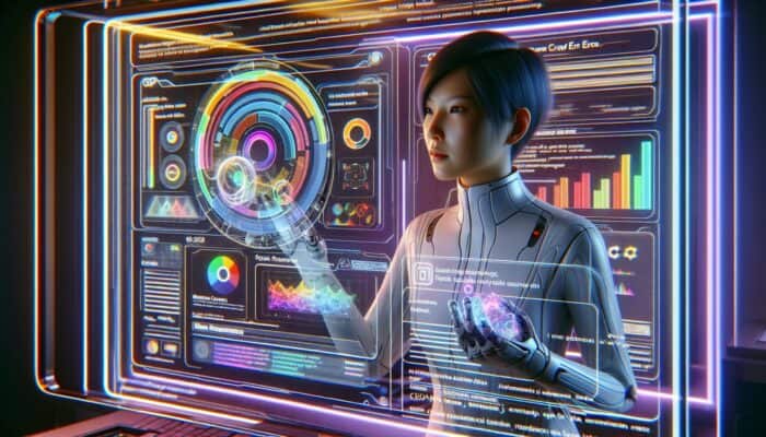 A webmaster monitors Google Search Console data on a holographic display in a futuristic, tech-filled environment.