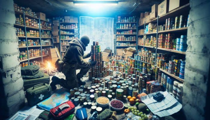 A survivalist organising non-perishable food rations in an underground bunker with emergency supplies.