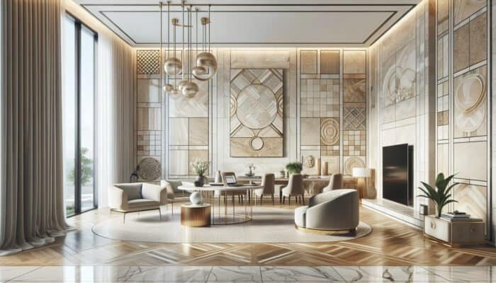Interior of a UK home showcasing classic beige, ivory, and walnut travertine tiles that blend elegance with contemporary style.