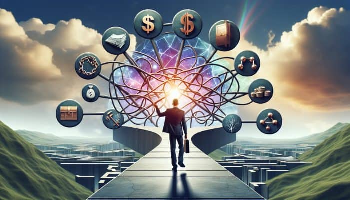 Key Vocabulary for Understanding Debt Consolidation: A Comprehensive Guide | DCL A person confidently navigating a clear path through a complex financial landscape with labeled signposts under a bright sky.