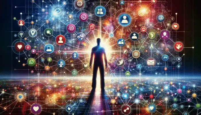 Individual engaging with social media icons, building a web of connections for effective link building.