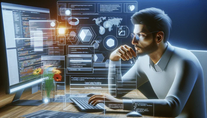 A web developer selecting tools for lazy loading to boost website performance in a contemporary workspace.