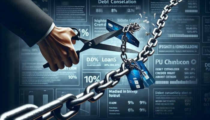 Person cutting high-interest credit card chains, transitioning to a single 10% loan chain, symbolising debt consolidation.