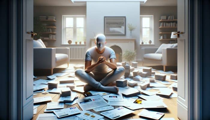 Debt Consolidation and Credit Score Myths: UK Insights | DCL Debt Consolidation and Credit Score Myths: Person in the UK consolidating debts into one loan, surrounded by credit cards and documents, looking relieved.