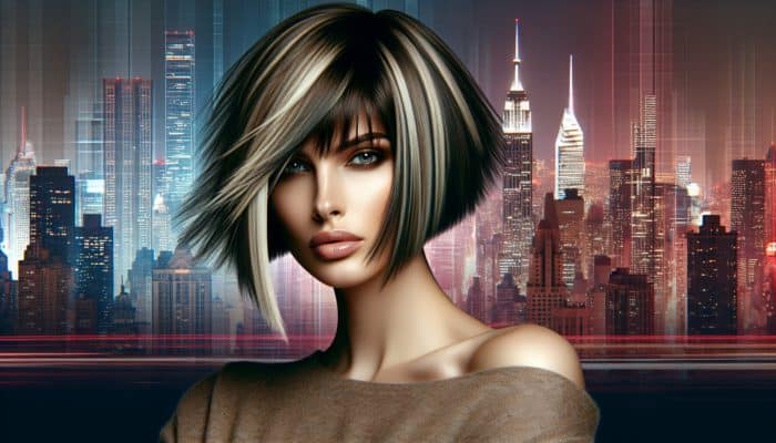 Woman with asymmetrical bob haircut, one side longer, bold and edgy, urban backdrop.