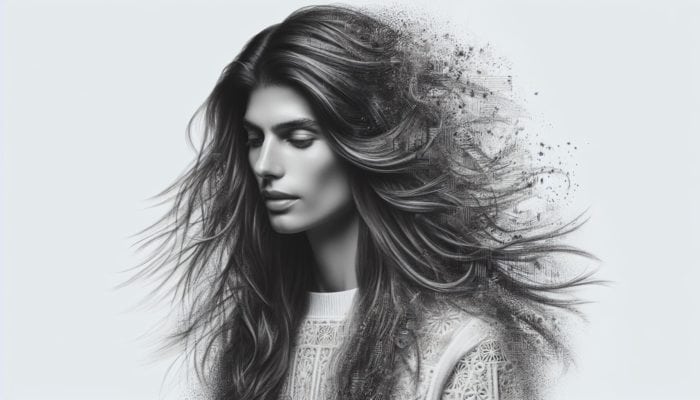 Woman with long, straight hair featuring textured layers, styled for a tousled, beachy, chic look.