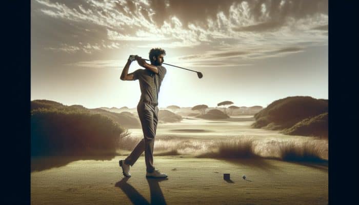 Golfer swinging on a South African course at mid-morning with optimal lighting and a plain background.
