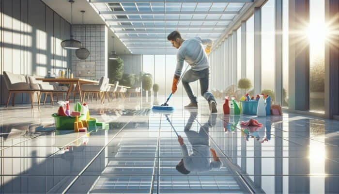 A professional cleaner scrubbing large tile floors in a sunlit conservatory, showcasing the extensive cleaning effort and scale.