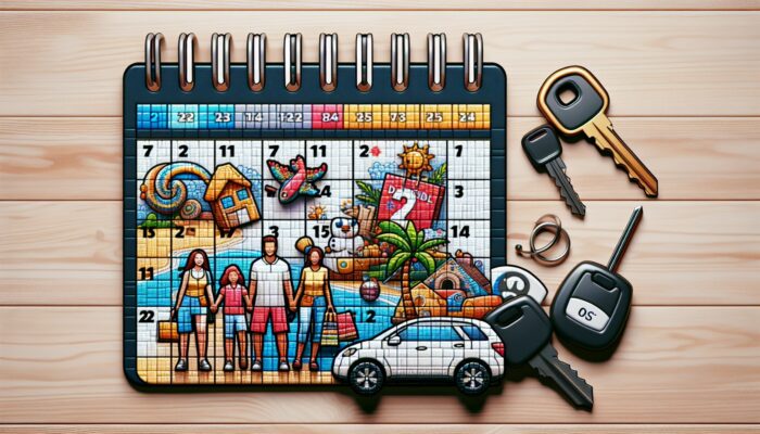 Calendar featuring holiday dates and discount symbols, surrounded by car keys, travel brochures, and a family planning a vacation.