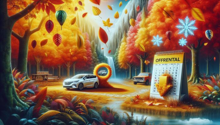 A picturesque autumn landscape with a car rental office, vibrant falling leaves, and a calendar indicating off-peak seasons.