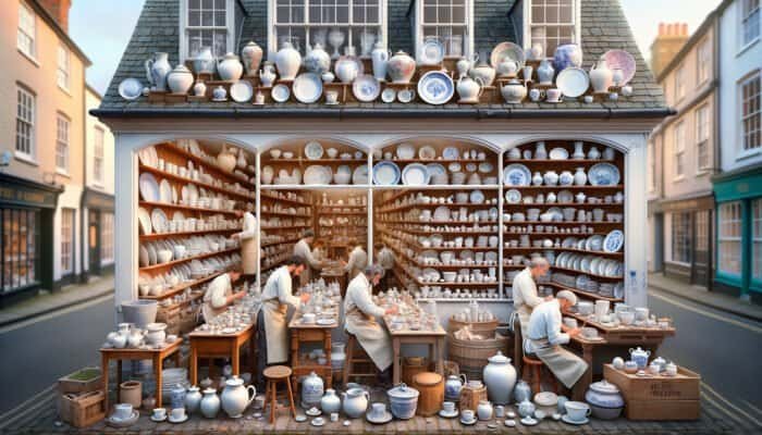 A cozy East Calder porcelain repair shop with artisans restoring ceramics, offering personalized consultations.