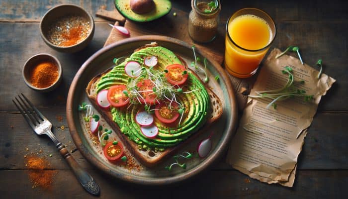 Avocado toast on wholegrain bread with tomatoes, radishes, sprouts, chili flakes, and dukkah, served with orange juice.