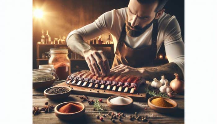 A master BBQ chef seasoning ribs with spices and herbs on a rustic table under warm lighting.