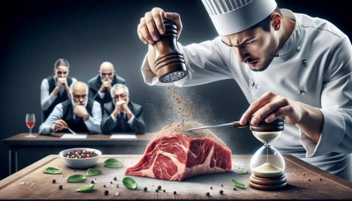 Chef seasoning meat evenly with shaker, judges observing, timer showing resting period.