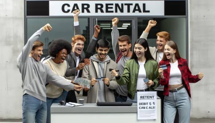 Diverse students celebrating at a car rental office, using debit cards and cash for vehicle rentals, symbolising inclusivity.
