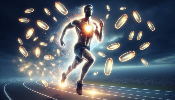 Athlete running effortlessly with glowing heart, surrounded by omega-3 capsules, symbolising endurance and lower resting heart rate.
