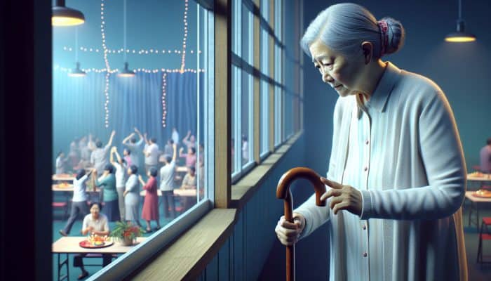 Acupuncture for Chronic Illness Research: A person with arthritis, using a cane, looks out at a social event they cannot join, illustrating chronic illness isolation.