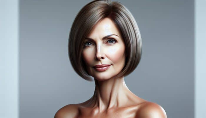 A sophisticated woman over 50 with a straight, jawline-length classic bob, elegantly framing her face.