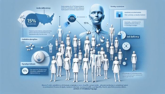 Infographic on UK iodine deficiency, showing 15% of women of childbearing age with low iodine, and thyroid issues like hypothyroidism and goitre.