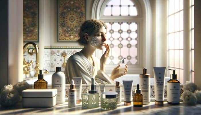 UK woman applying foaming gel cleanser in morning bathroom, surrounded by tailored skincare products.
