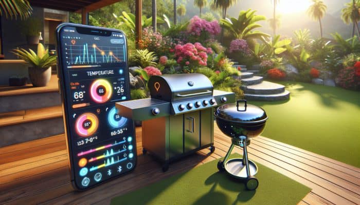 Modern BBQ grill with integrated digital tracker showing temperature graphs, connected to smartphone via Bluetooth, in a sunny backyard.