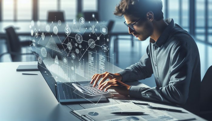 Free Tools to Track Your Debt Consolidation Progress | DCL Person using laptop calculator, viewing debt repayment graphs and charts in a modern office.