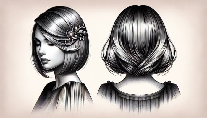 Woman with thick, chin-length bob, straight to wavy, with decorative clip, showing versatility and elegance.