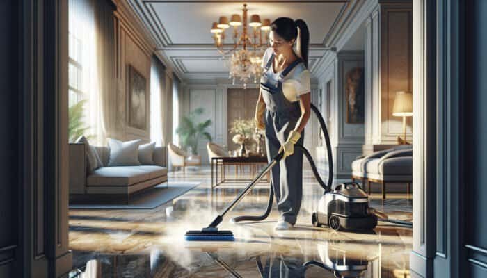 Professional cleaner steam cleaning and crystallizing limestone floors in a luxurious home, enhancing sheen and durability.