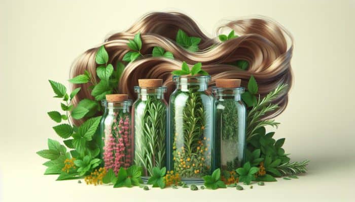 Herbs like rosemary, nettle, and chamomile in jars, with lush leaves and flowing, shiny hair.
