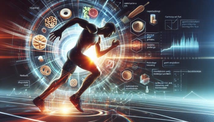 A runner at the starting line, energized, with a clock showing 2-3 hours before race, surrounded by carb and protein meals.