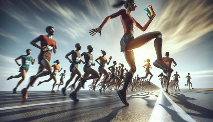 Runner reaching for energy gel during marathon, symbolising speed and endurance.