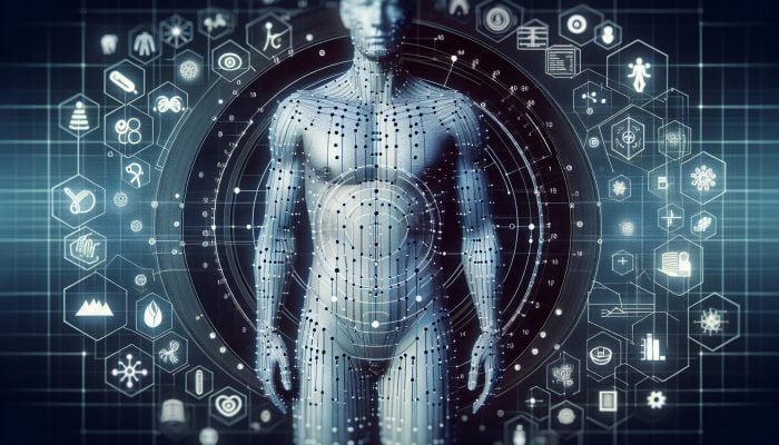 Illustration depicting acupuncture points on a human body along with charts and symbols representing standards and regulatory frameworks.