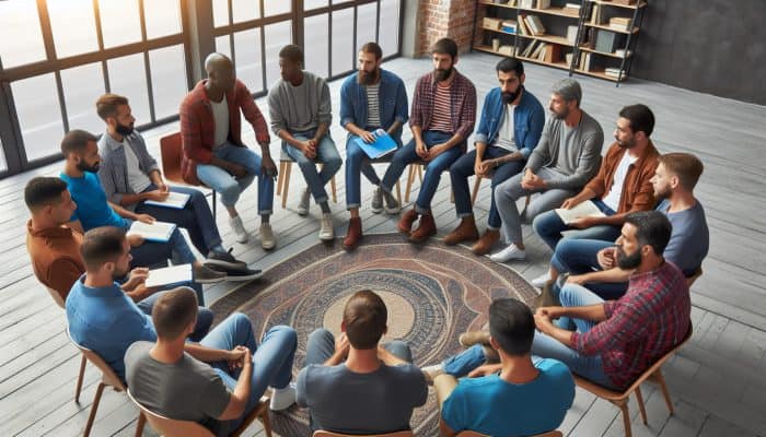A group of men in a Manchester community center discussing mental health and sharing experiences.