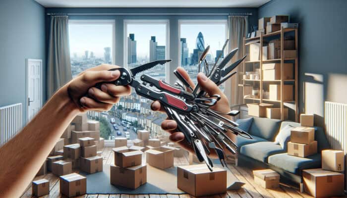Hand Tools for Accelerated House Clearance Projects: A person utilising a multi-tool to effectively clear a cluttered London apartment.