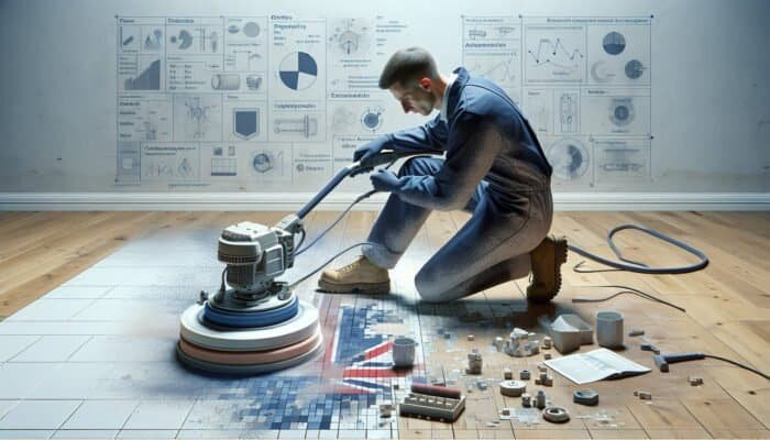 A skilled professional polisher revitalising a worn ceramic tile floor, restoring its shine and applying a protective layer.