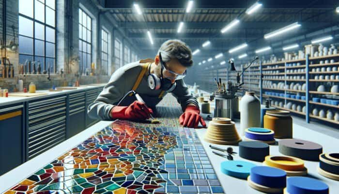A person meticulously polishing a vibrant mosaic of ceramic tiles in an organised workshop.