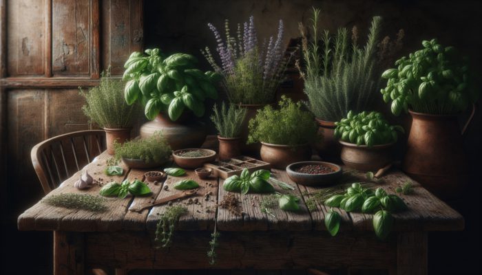 A rustic kitchen scene with basil, rosemary, and thyme layered on a wooden table.