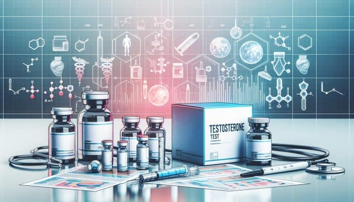 Illustration of testosterone test kit with vials, syringes, and hormonal benefits chart in a modern lab.