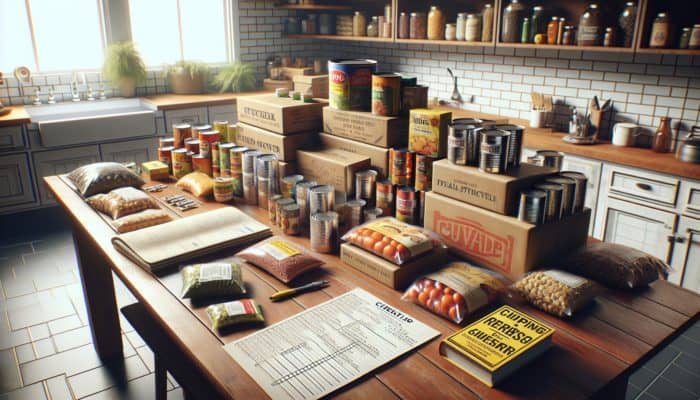 A prepper's table featuring organised non-perishable foods, a checklist, and a survival guidebook.