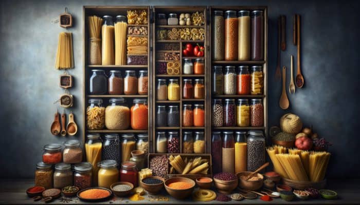 A diverse prepper pantry showcasing Italian pasta, Indian lentils, Mexican beans, and Middle Eastern spices.
