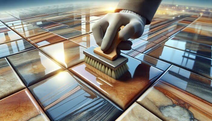 Newly sealed quarry tiles with a glossy finish, enhancing their natural colours and textures.