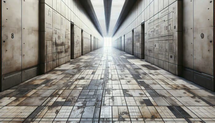 Cracked and chipped porcelain tiles in a hallway, showing stains and uneven surfaces from wear and temperature changes.