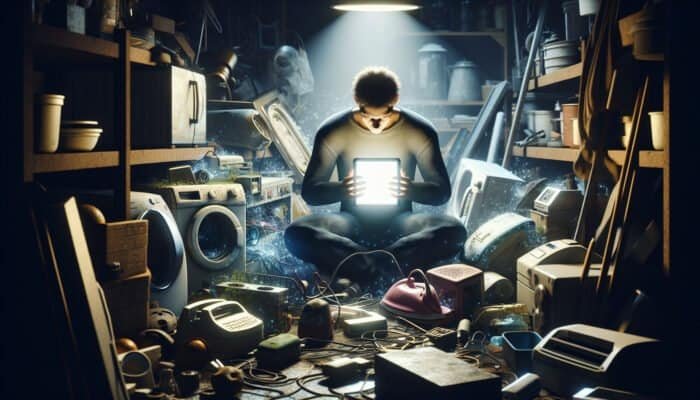 Person in workshop searching for repair services on tablet, surrounded by broken appliances.