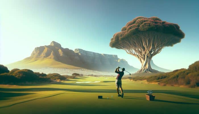 Golfer on a lush green course in South Africa, executing a perfect swing with the iconic Table Mountain backdrop.