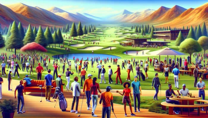 Diverse golfers networking at a South African golf club, supported by GolfRSA and the South African Golf Development Board.