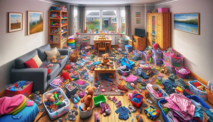 A UK family home's living room during a decluttering session, sorting children's items for safety and tidiness.