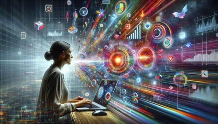 A digital marketing strategist analyzing graphs and trends on a screen, with icons of micro-moments, focusing on "best supplements for immune support" during flu season.