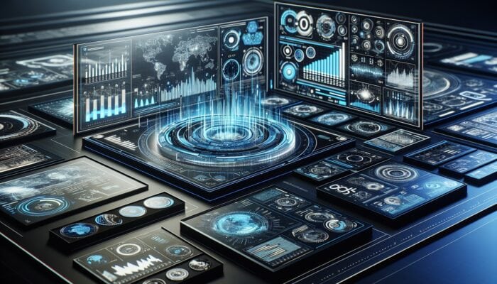 A futuristic dashboard with vibrant graphs and holographic elements displaying consumer insights from search trends.