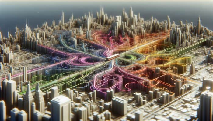A vibrant, colour-coded transit map overlaid on a cityscape, illustrating urban navigation.